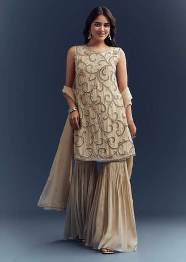Cream Organza Sharara Suit With Moti And Cutdana Work