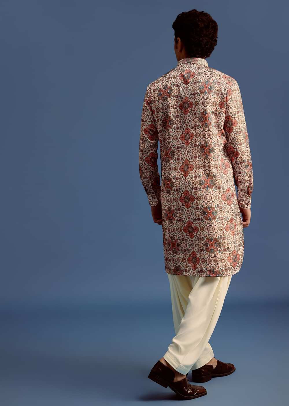 Cream Printed Kurta With Patiala For Men