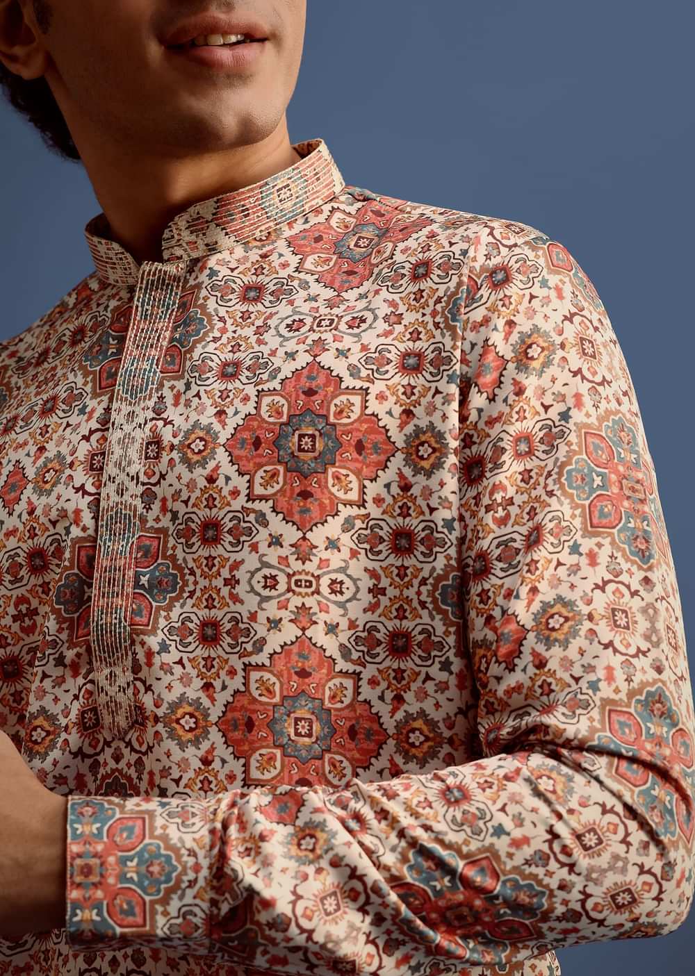 Cream Printed Kurta With Patiala For Men