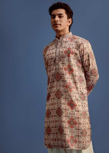 Cream Printed Kurta With Patiala For Men
