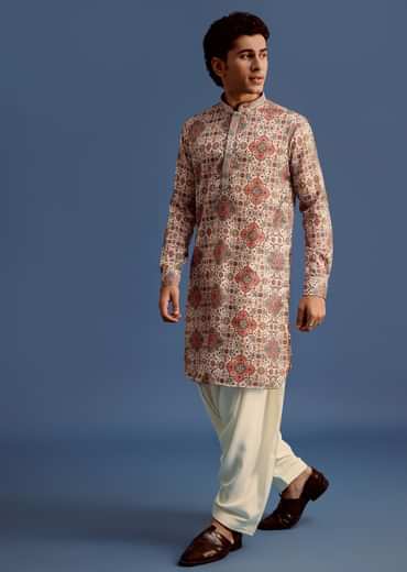Cream Printed Kurta With Patiala For Men