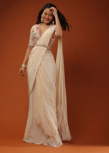 Cream White Ready Pleated Saree With Floral Hand Work On The Blouse