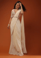 Cream White Ready Pleated Saree With Floral Hand Work On The Blouse