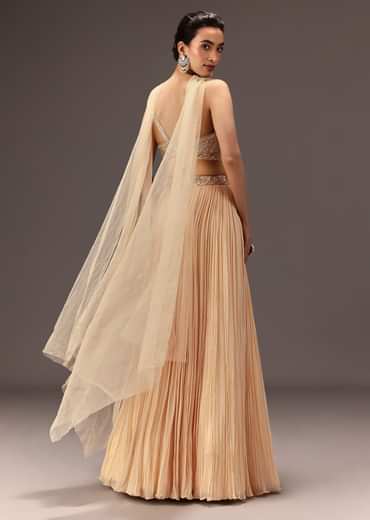 Cream Ruched Lehenga Set With Hand Embroidery