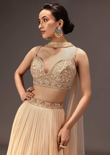 Cream Ruched Lehenga Set With Hand Embroidery