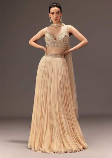 Cream Ruched Lehenga Set With Hand Embroidery