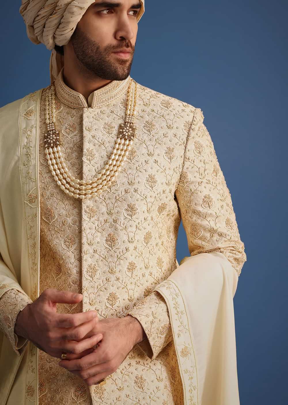 Cream Sherwani Suit With Hand Work
