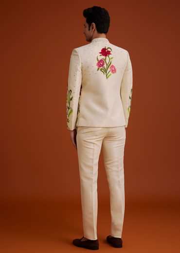 Cream Silk Jodhpuri Set With Floral Embroidery And Sequin Butti Work