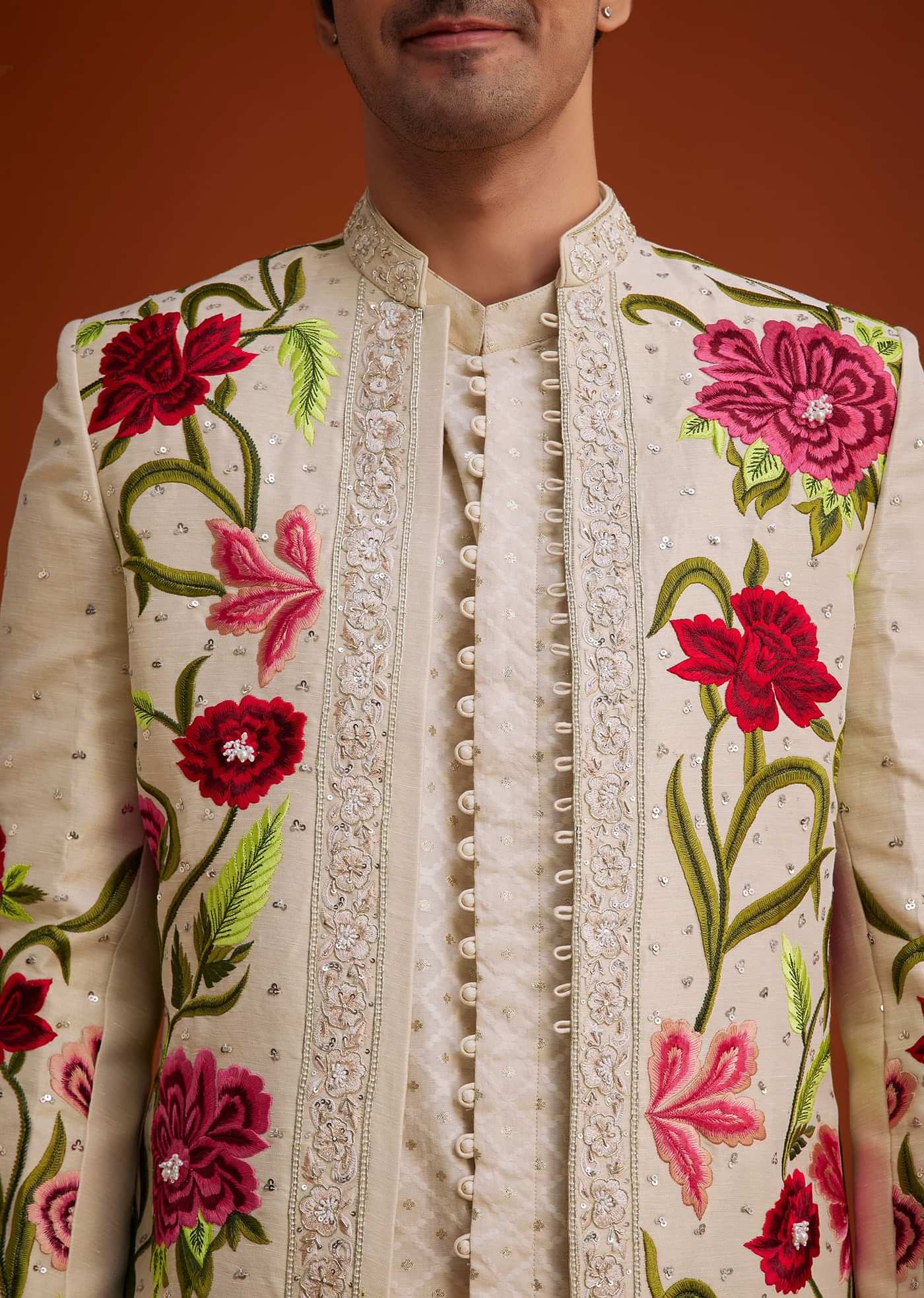 Cream Silk Jodhpuri Set With Floral Embroidery And Sequin Butti Work