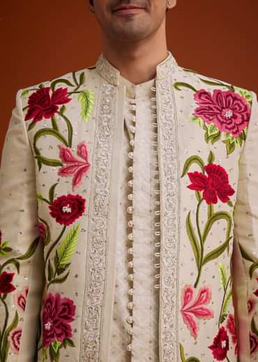Cream Silk Jodhpuri Set With Floral Embroidery And Sequin Butti Work