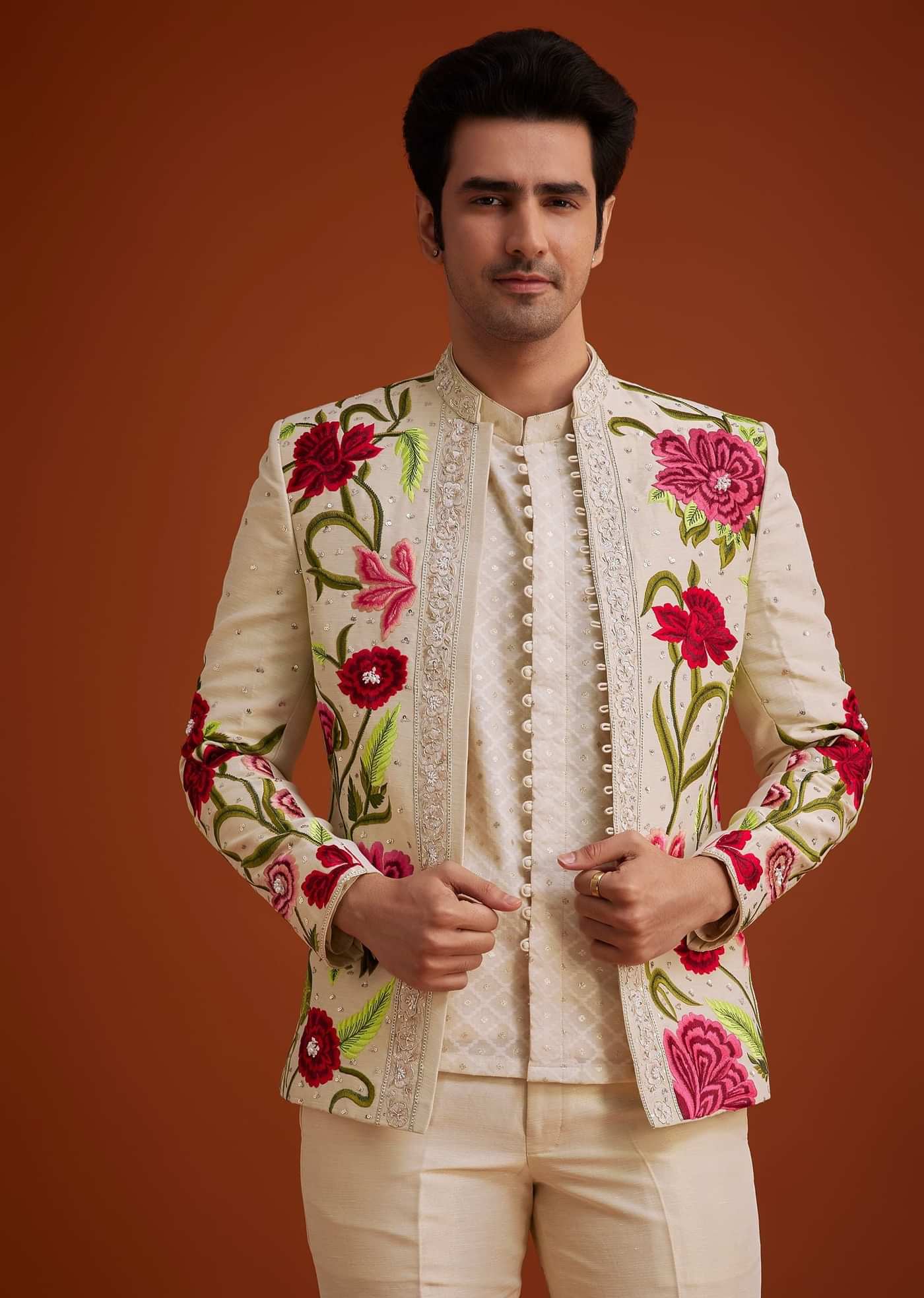 Cream Silk Jodhpuri Set With Floral Embroidery And Sequin Butti Work
