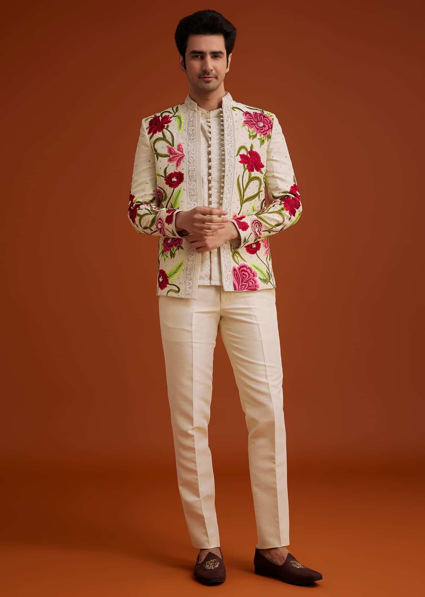 Cream Silk Jodhpuri Set With Floral Embroidery And Sequin Butti Work