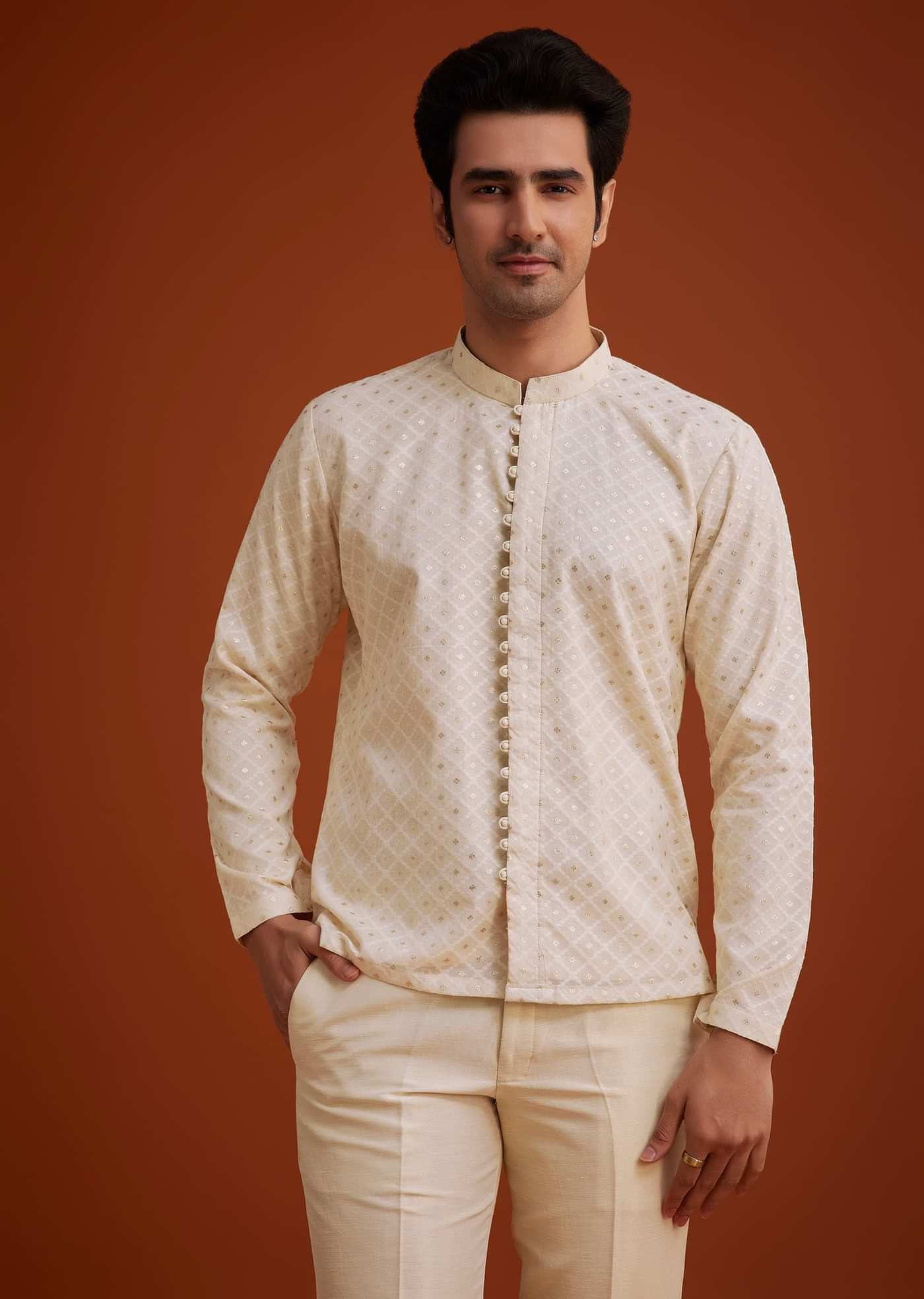 Cream Silk Jodhpuri Set With Floral Embroidery And Sequin Butti Work