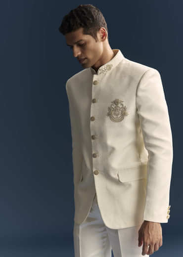 Cream Silk Jodhpuri Suit For Men With Heavy Hand Embroidery