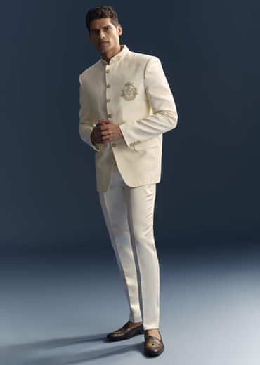 Cream Silk Jodhpuri Suit For Men With Heavy Hand Embroidery