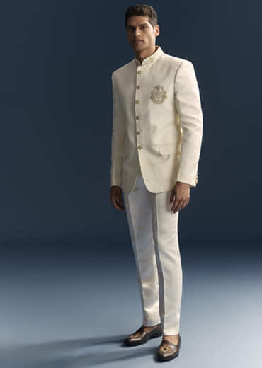 Cream Silk Jodhpuri Suit For Men With Heavy Hand Embroidery