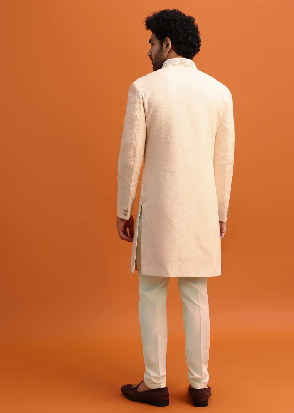 Cream Silk Nawabi With Self Work For Men