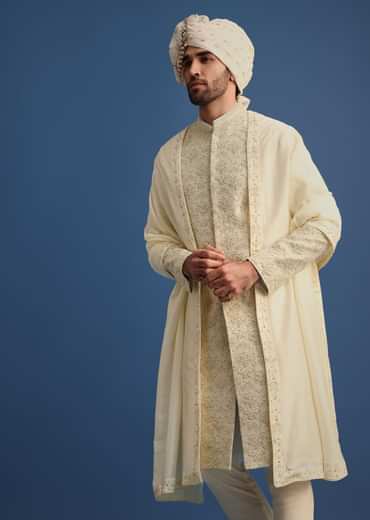 Cream Silk Sherwani Suit With Hand Work