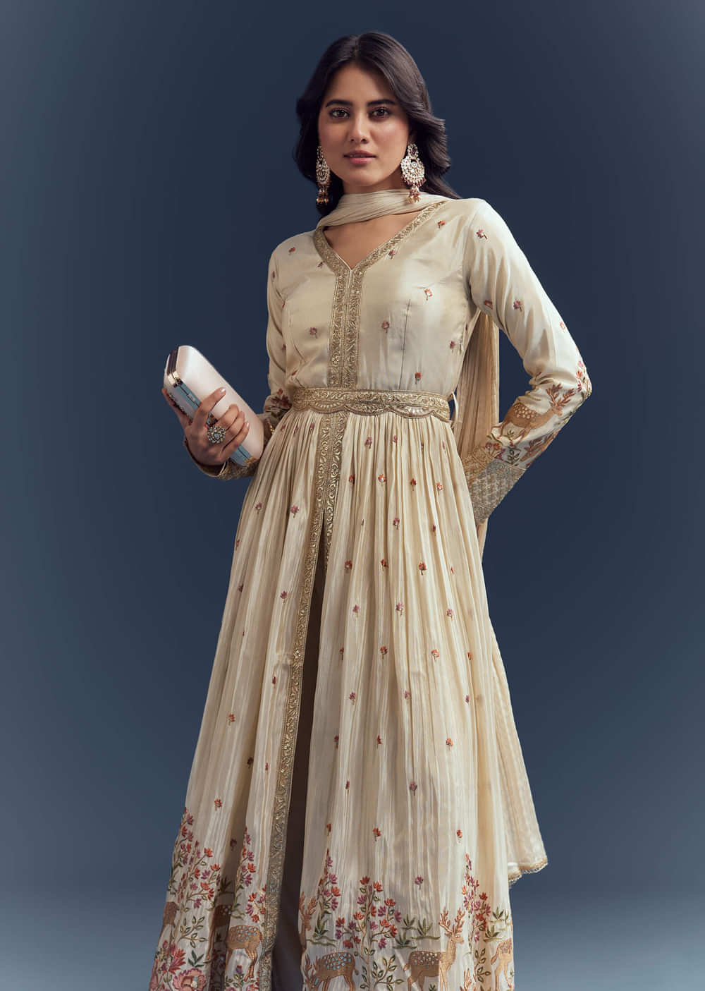 Cream Tissue Anarkali Suit With Delicate Resham Embroidery
