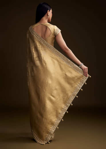 Cream Tissue Brocade Saree With Gotapatti And Moti Embroidery