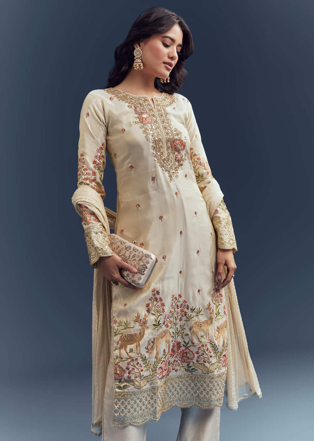 Cream Tissue Kurta Set With Resham And Zardosi Work