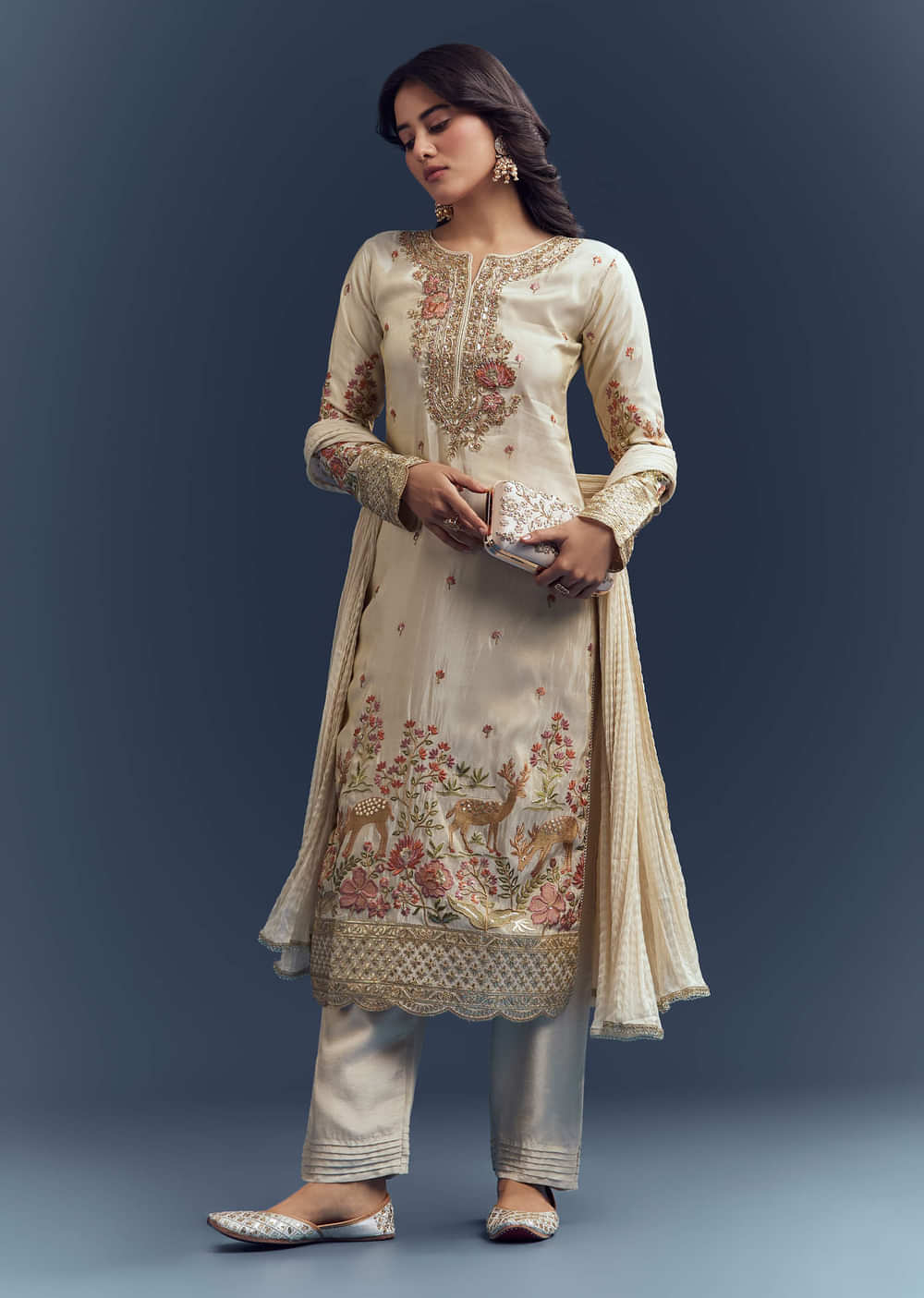 Cream Tissue Kurta Set With Resham And Zardosi Work