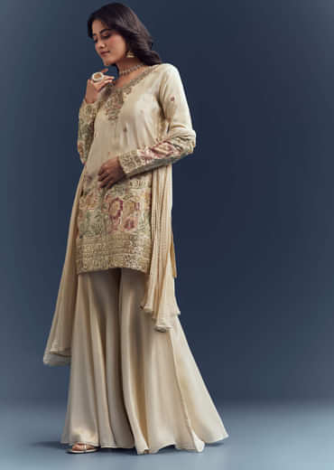 Cream Tissue Sharara Suit With Resham Hand Embroidery
