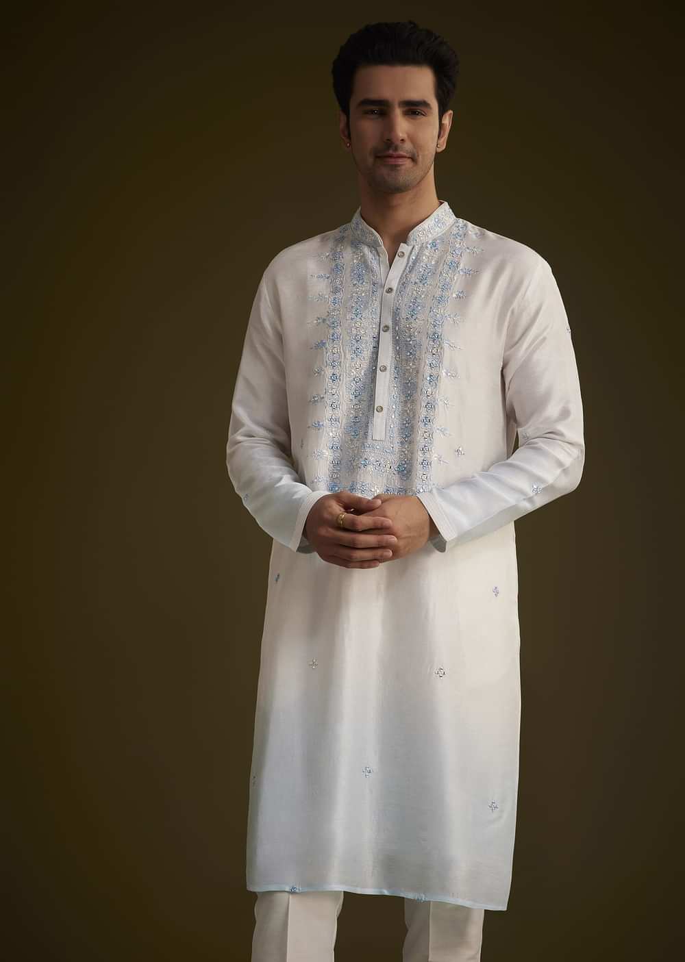 Cream To Blue Ombre Silk Kurta Set With Mirror Embroidery