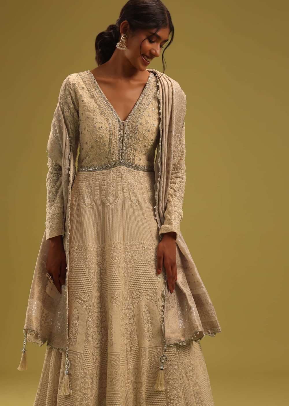 Cream White Anarkali Set In Georgette With Lucknowi Work