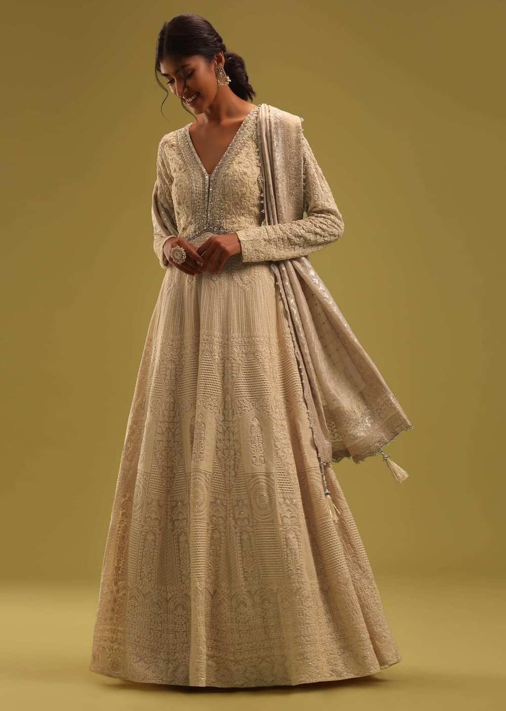 Cream White Anarkali Set In Georgette With Lucknowi Work