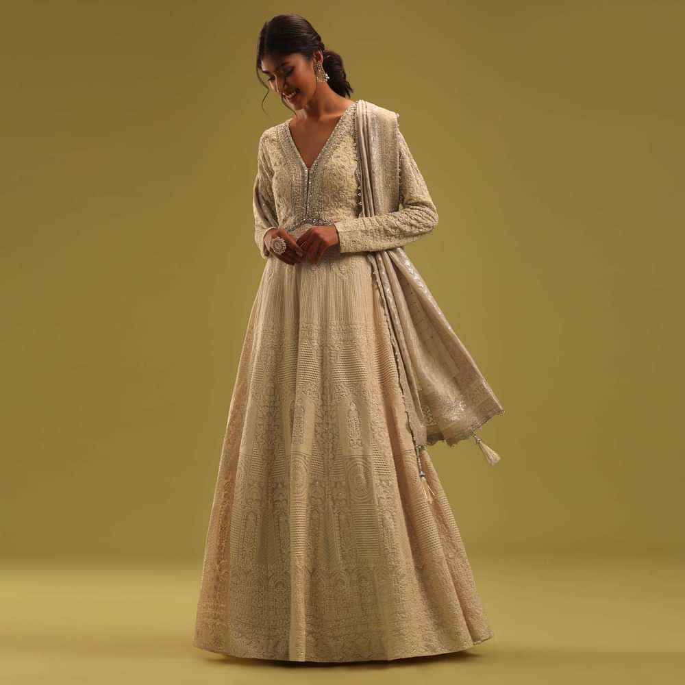 Cream White Anarkali Set In Georgette With Lucknowi Work