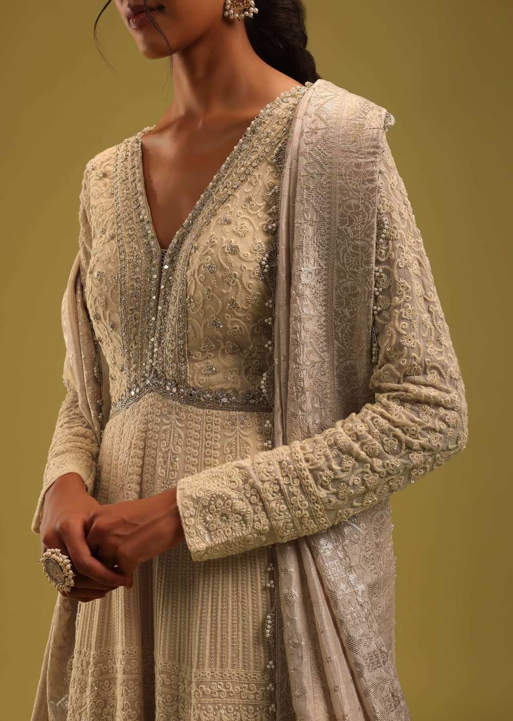 Cream White Anarkali Set In Georgette With Lucknowi Work