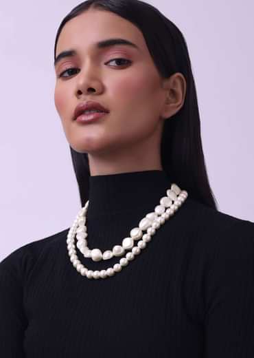 Cream White Long Mala Embellished With Uncut Pearls