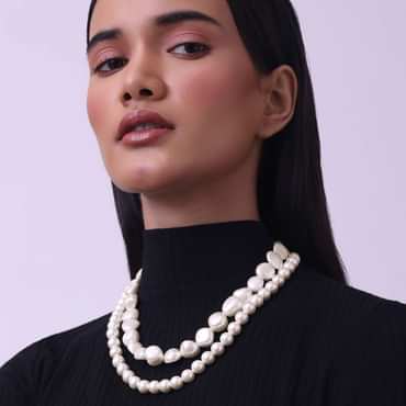 Cream White Long Mala Embellished With Uncut Pearls