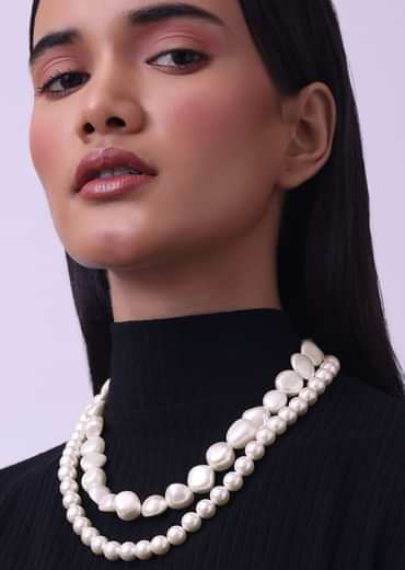 Cream White Long Mala Embellished With Uncut Pearls