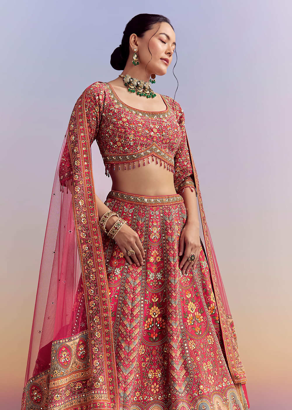Crimson Red Crepe Printed Bridesmaid Lehenga With Embroidery