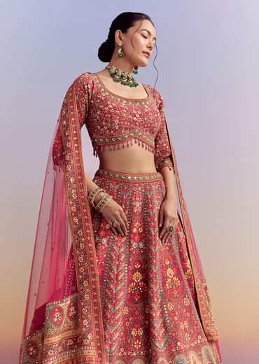 Crimson Red Crepe Printed Bridesmaid Lehenga With Embroidery
