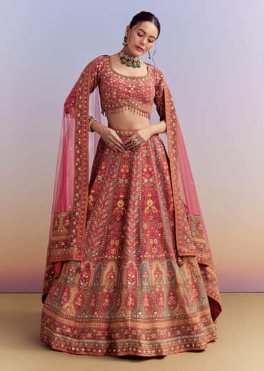 Crimson Red Crepe Printed Bridesmaid Lehenga With Embroidery