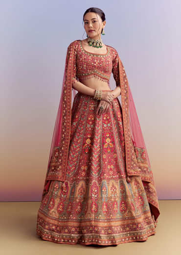 Crimson Red Crepe Printed Bridesmaid Lehenga With Embroidery