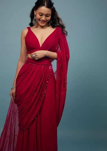 Blood Red Ready-Pleated Saree In Georgette