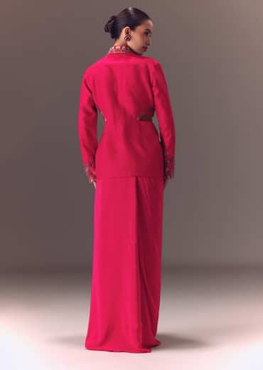 Hot Pink Hand Embellished Blouse With Jacket And Draped Skirt