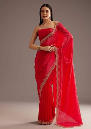 Red Crushed Tissue Silk Saree With Cutdana Scallop Border