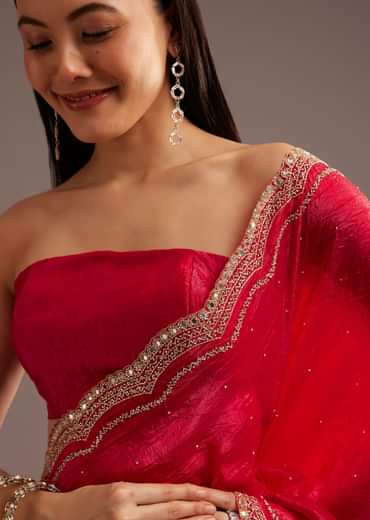 Red Crushed Tissue Silk Saree With Cutdana Scallop Border