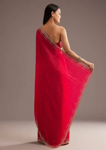 Red Crushed Tissue Silk Saree With Cutdana Scallop Border