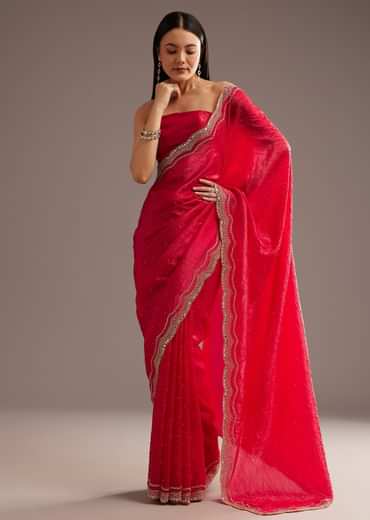 Red Crushed Tissue Silk Saree With Cutdana Scallop Border