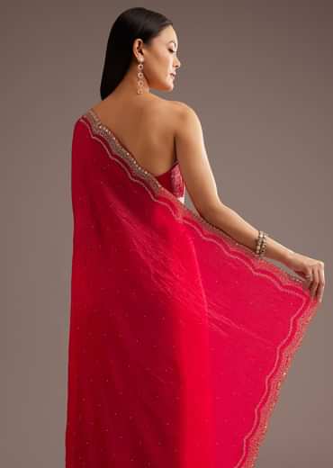 Red Crushed Tissue Silk Saree With Cutdana Scallop Border