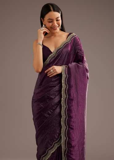 Wine Crushed Tissue Silk  Cutdana Scallop Bordered Saree