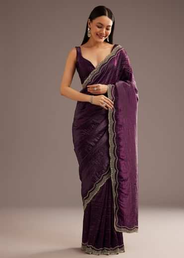 Wine Crushed Tissue Silk  Cutdana Scallop Bordered Saree