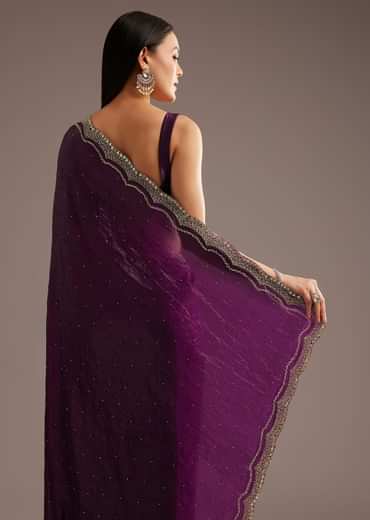 Wine Crushed Tissue Silk  Cutdana Scallop Bordered Saree
