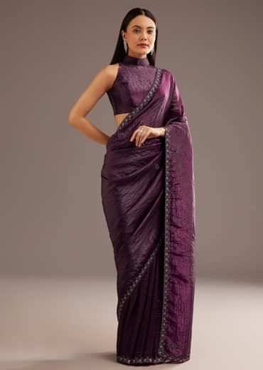 Wine Crushed Tissue Silk Saree With Cutdana Scallop Border